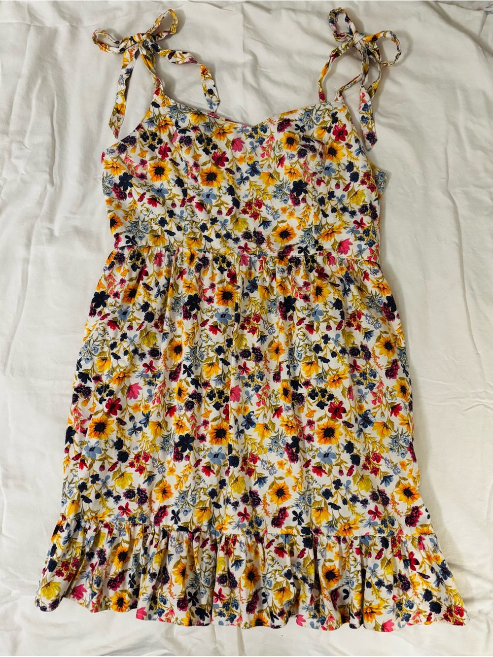 Old Navy White Floral Tie-Strap Mini Dress with Yellow Sunflowers